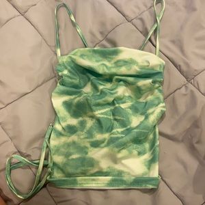 green and white tie dye white tank with a cross back